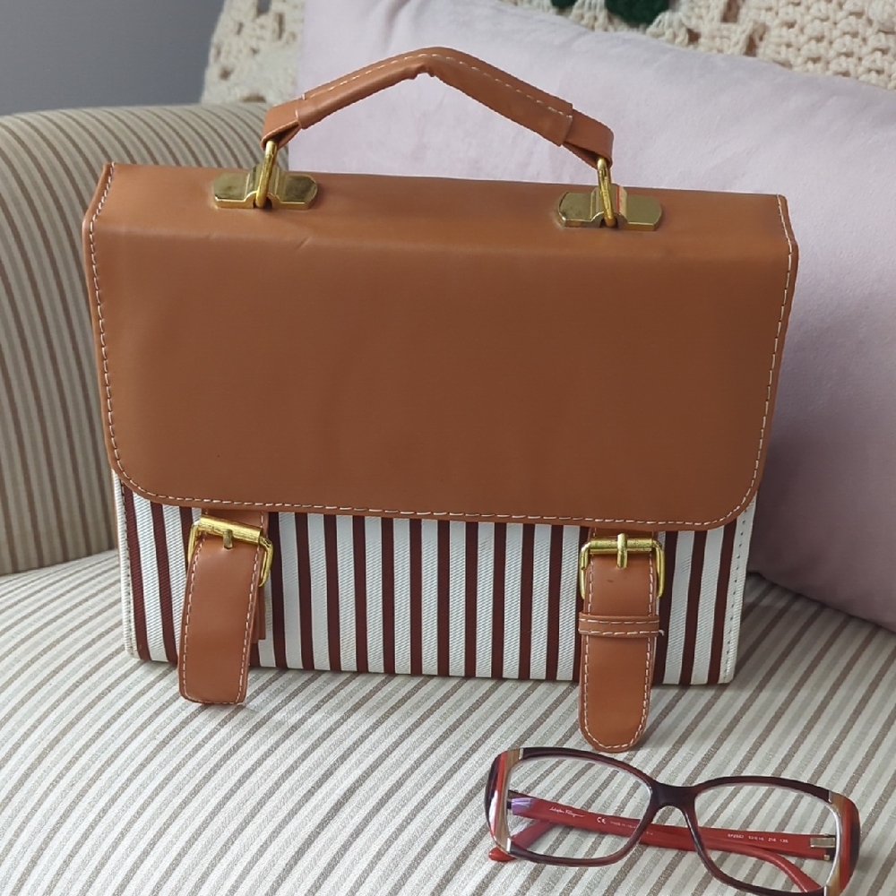 Striped Hand Bag with Tan Faux Leather Trim
